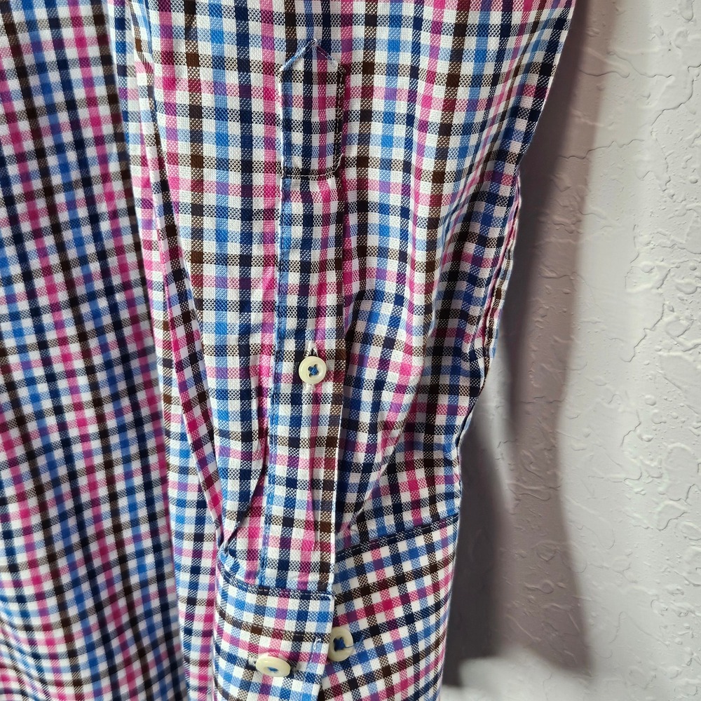 Peter Millar Mens Large Tattersall Check Button Down Shirt Blue‎ Pink Cotton L - Picture 3 of 6